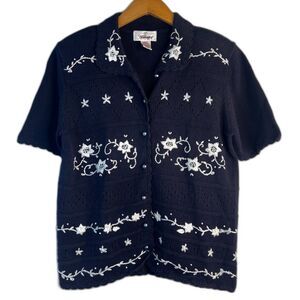 Worthington Vintage Navy Embroidered Crochet Knit Short Sleeve Sweater Large